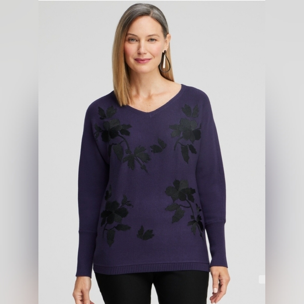Chico's Women's Floral Embroidered Pullover purple Sweater Size XXL